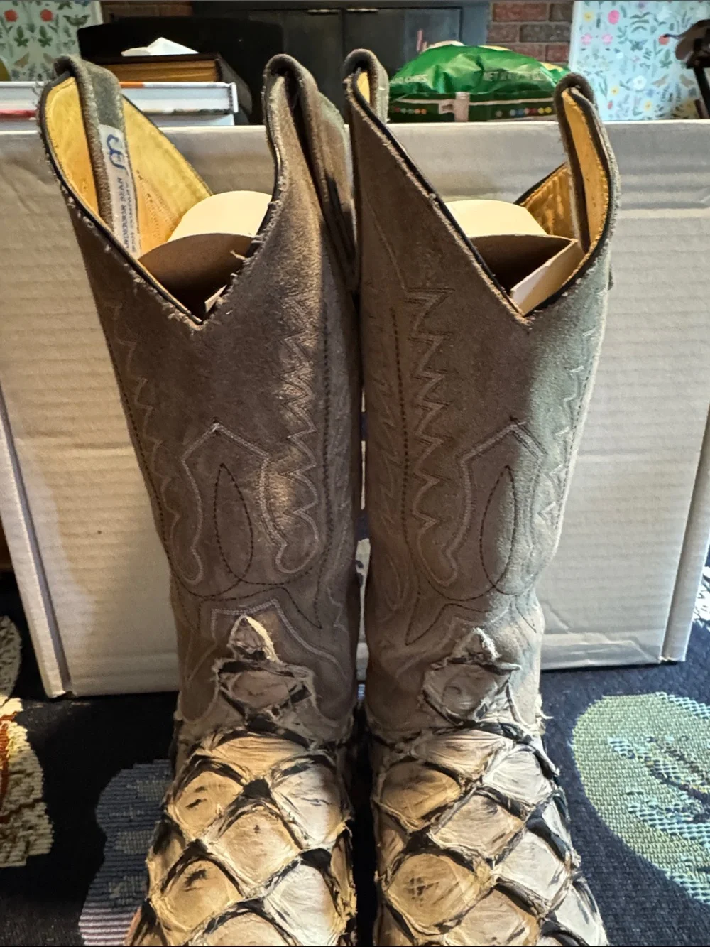 Anderson Bean Big Bass Boots Men's 9C Suede Wide Square Toe Exotic arapaima fish